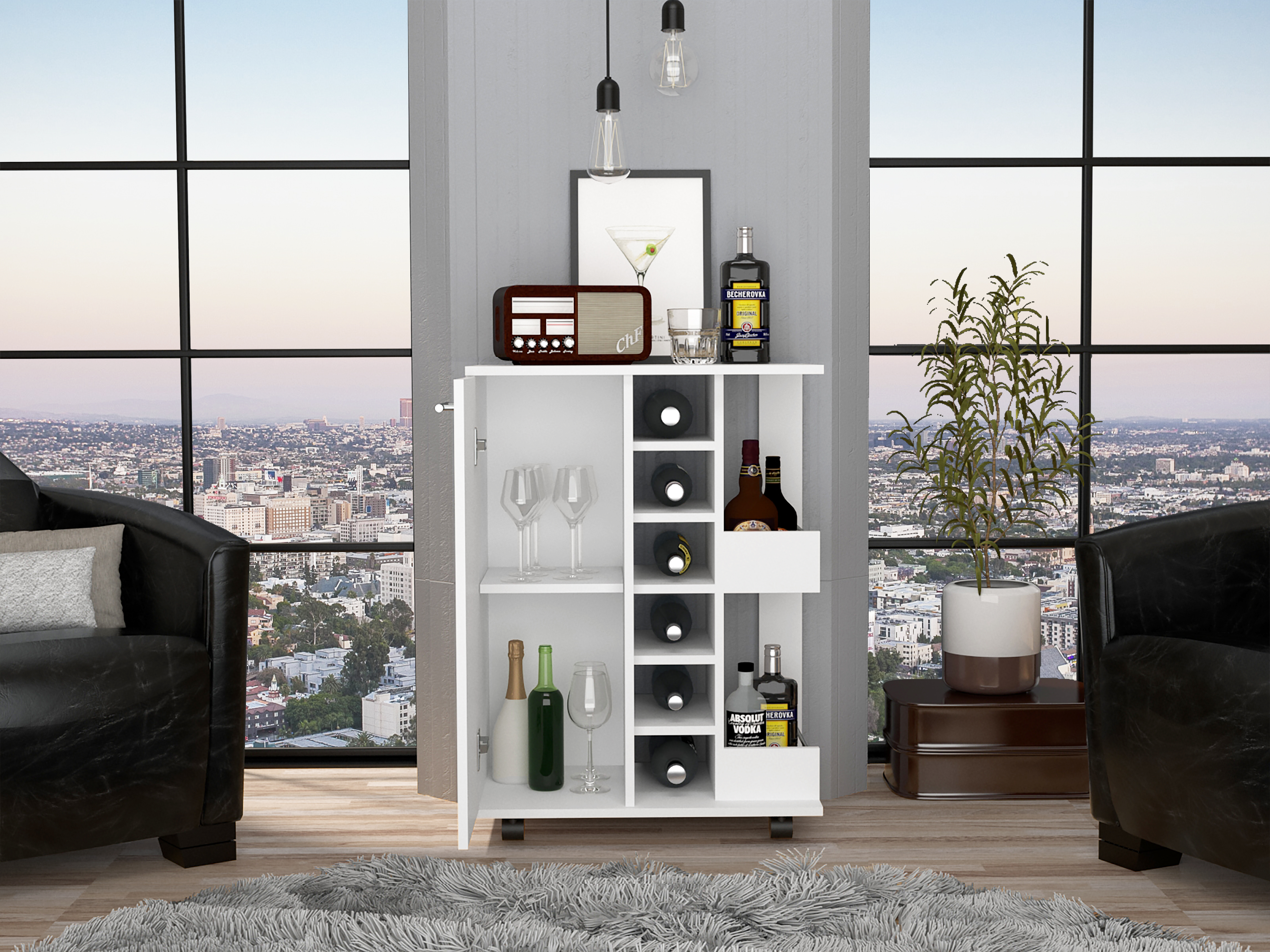 Bar Cart, Two External Shelves, Four Casters, Six Built-in Wine Rack, Single Door Cabinet -White